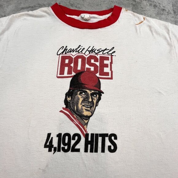 VTG 80s Charlie Hustle Rose 4,192 Hits Record Ringer Shirt Mens Medium Baseball - Picture 1 of 13